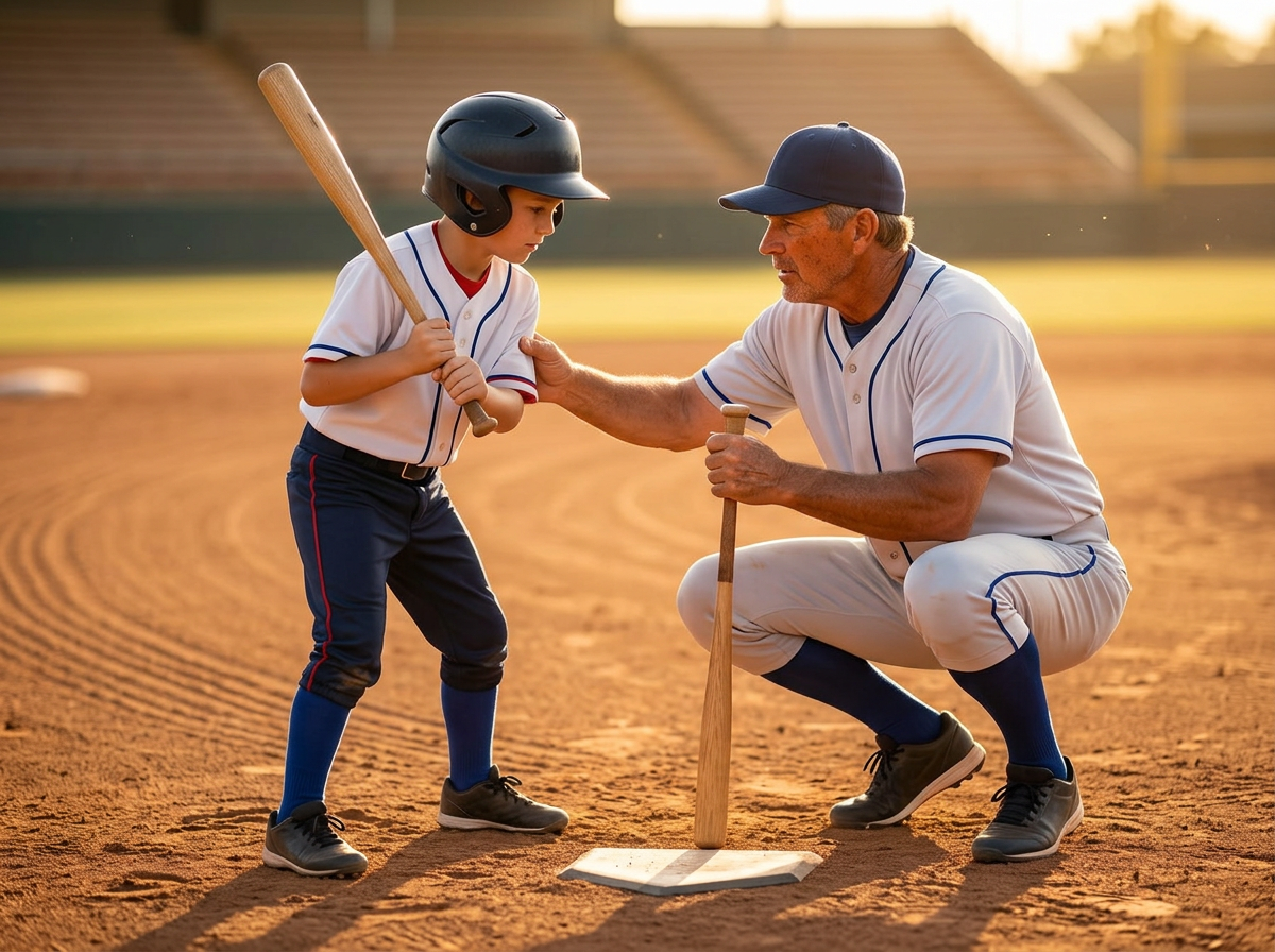 Coach giving one-on-one baseball instruction on a field