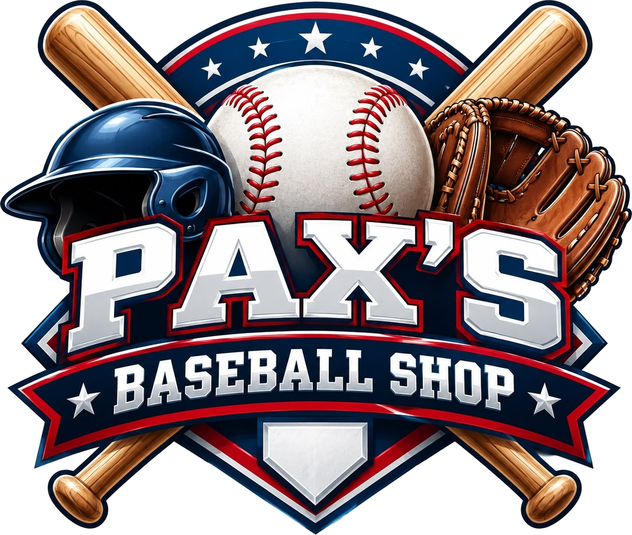 PAX'S BASEBALL SHOP — baseball bats, helmet, glove and ball emblem