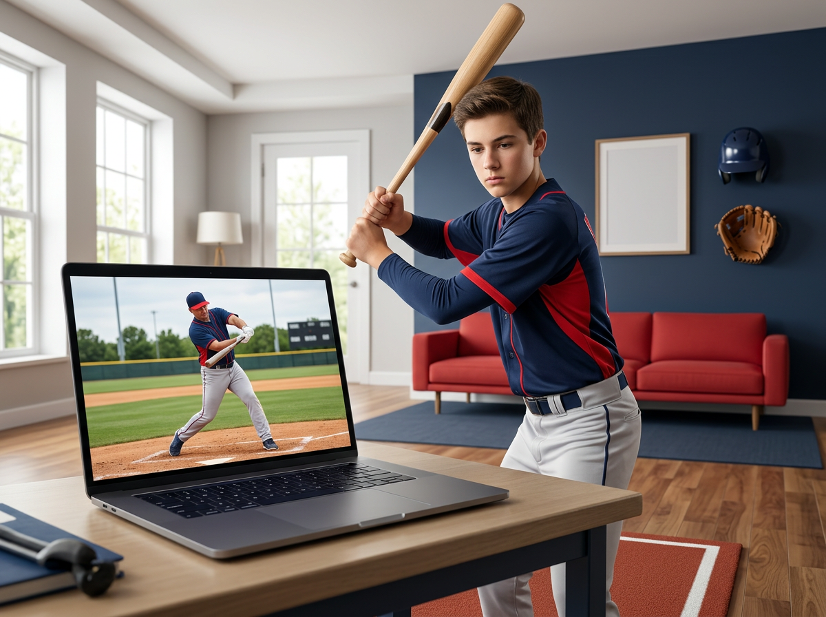 Player taking a live online baseball coaching session on a laptop